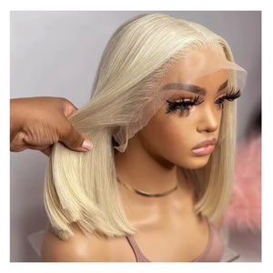 Vente en gros 10 pouces moyen Bob perruque 613 cheveux vierges blonds Double tirage péruvien pour dentelle dentelle transparente couleur haute densité - Product Image 1