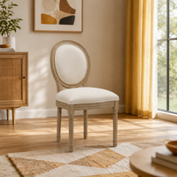 Chaise de salle à manger Louis traditionnelle en bois massif, empilable et extensible, finition chaux antique, avec revêtement en lin, pour événements et mariages
