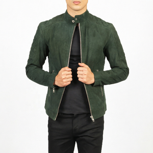 <b>Men's</b> Green <b>Suede</b> Moto <b>Jacket</b> Stand Collar Zipper Closure Slim Fit Autumn Style - Product Image 2