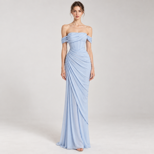 Elegant Off Shoulder <b>Chiffon</b> Floor Length Sheath <b>Dress</b> With Draped Asymmetric Design Formal Wear - Product Image 1