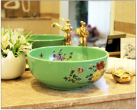 Lavabo de porcelana de estilo europeo artístico de China, lavabo redondo verde con patrón de peonía, lavabo de cerámica a la venta