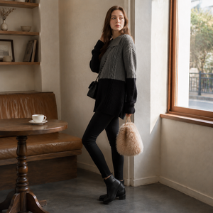 Fashion Color Block <b>Cable</b> Knit <b>Midi</b> Dress Gray Black Spliced Full Long Sleeve Stand Collar Breathable Standard Thickness Casual - Product Image 4