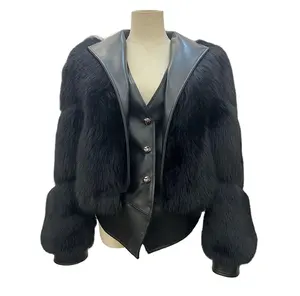 New high-end women's fashion fake two-piece naturally fox fur coat V-neck solid color patchwork leather set fox fur jacket