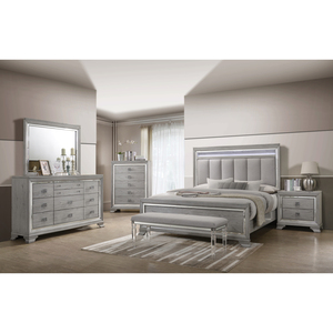 Contemporary Light Gray Brown 2 Drawer Nightstand <b>Mirrored</b> Accents Solid Wood Storage End <b>Table</b> - Product Image 5