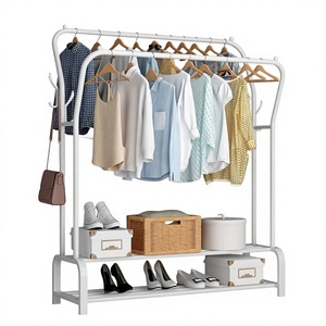Porte-vêtements en métal blanc avec double étagère de rangement pour armoire, design minimaliste, multifonctionnel, type sur pied - Product Image 1