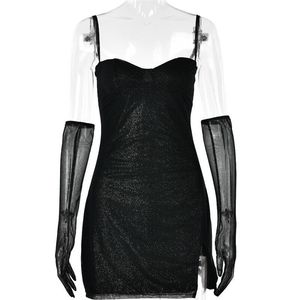 Vestido de noche de moda para mujer con escote corazón, espalda descubierta, malla con capa transparente, manga larga y falda corta - Product Image 5