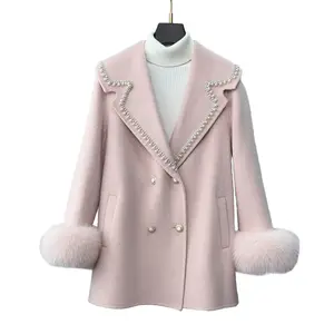 Manteau d'hiver en laine de cachemire de luxe à col rabattu personnalisé pour femmes avec poignets en vraie fourrure de renard