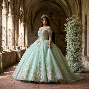 Robe de bal de princesse exquise Dy1512 verte pour Quinceañera, ornée de sequins, de perles et de volants, taille naturelle, traîne chapelle - Product Image 1
