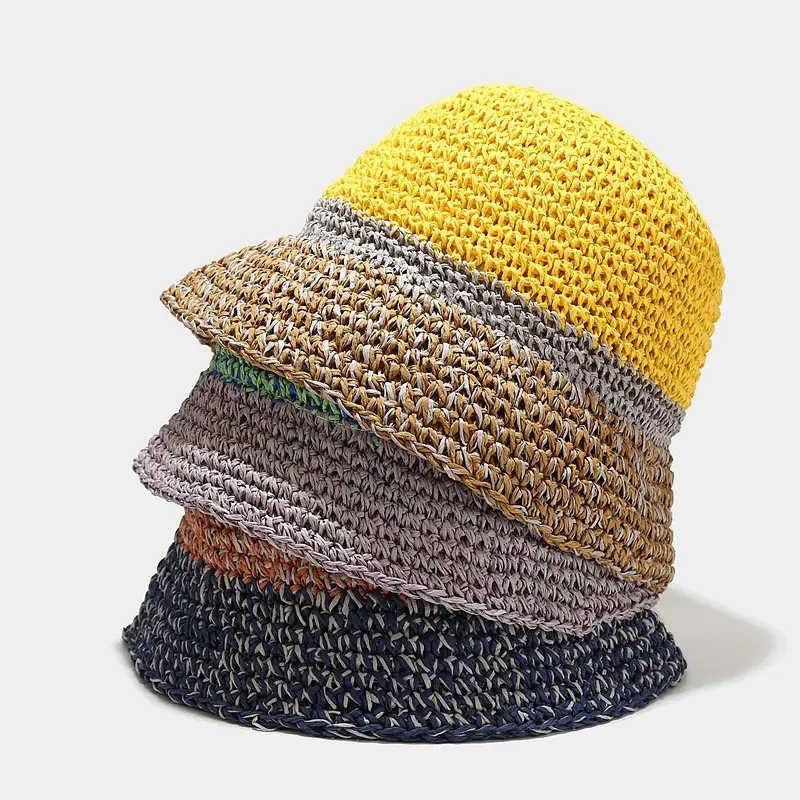 Wholesale Summer Outdoor Foldable SunHat Women Sun Hat Lady Hand Crochet Colour Paper Straw Bucket Hat