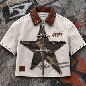 Camiseta de Alta Calidad Personalizada para Hombre, Estilo Urbano, Holgada, de <span class=keywords><strong>Manga</strong></span> Corta, Vintage, con Parches Bordados, Cierre de Cremallera y Pedrería - Product Image 2