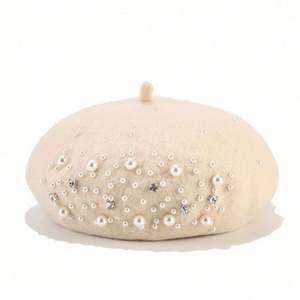 Bérets d'hiver en velours gris 100 % laine, luxueux, tendance, style américain, écologiques, décorés de perles, pour femmes, décontractés ou de soirée - Product Image 6