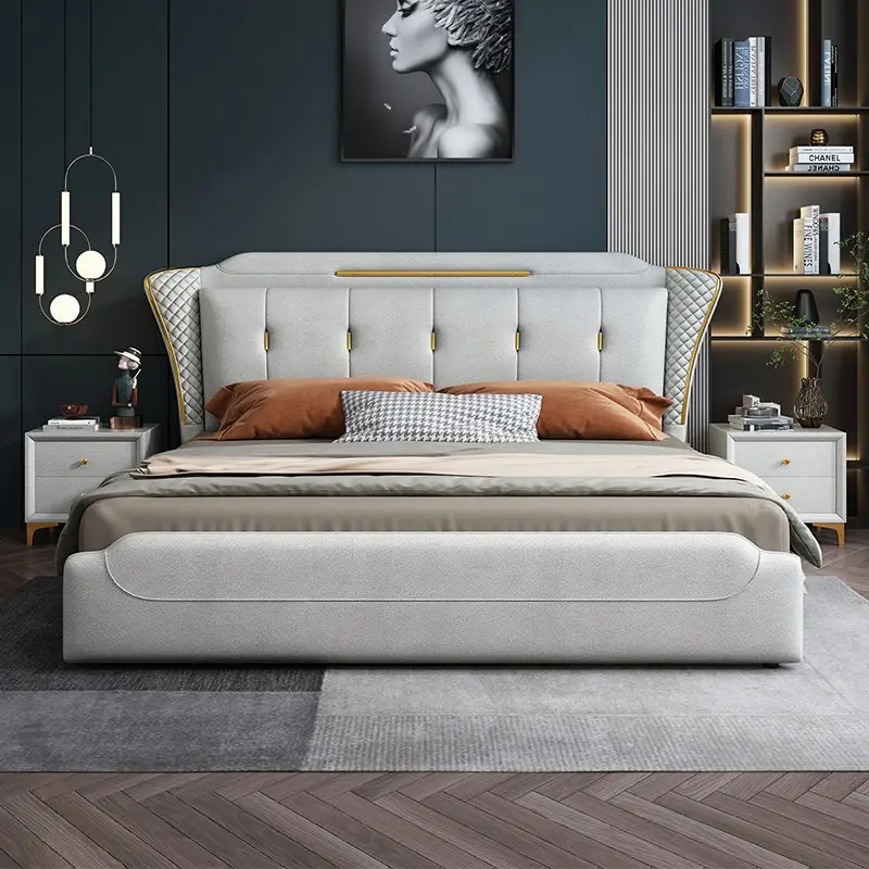 Modern minimalist ışık lüks deri yatak depolama ana odası çift kişilik yatak tatami katı ahşap yatak odası mobilyası