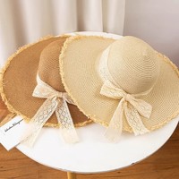 Sombrero de Protección Solar para Playa y Exteriores, Bordado a Mano, a Rayas, Ajustable, de Rafia, con Encaje, Elegante, Estilo Francés