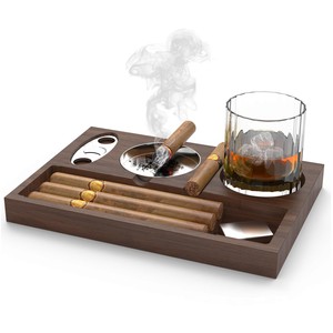 Cenicero cuadrado de madera para cigarros con soporte de vidrio y cortador para uso en interiores y exteriores, ideal para regalo. - Product Image 1