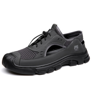 Sandales d'été en cuir véritable pour hommes, à bout ouvert, avec empeigne en maille, décontractées, à semelle souple, respirantes, avec soutien de la voûte plantaire, légères et faciles à enfiler - Product Image 2