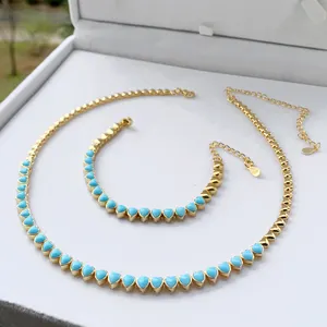 Gold Plated 2023 Summer Luxury Women Jewelry Heart Shaped Turquoise Stone Tennis Necklace