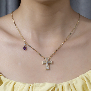 Collier croix en or 14 carats MSN-1058 avec pendentif diamant et améthyste, style religieux, bijoux unisexe - Product Image 2