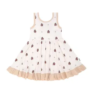 Schlussverkauf neu eingetroffen Sommer ärmelloses Kleid für Mädchen schlicht gefärbt O-Ausschnitt Kinderkleidung mit Rüschenschleife für kleine Mädchenkleid
