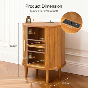 <span class=keywords><strong>Table</strong></span> de chevet cannelée de style Mid-Century avec station de charge, porte coulissante, étagère réglable, <span class=keywords><strong>table</strong></span> d'appoint jaune - Product Image 2