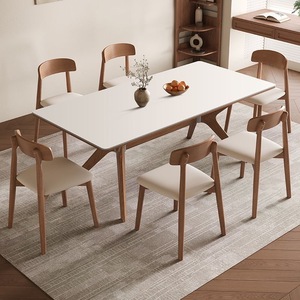 Ensemble de table et chaises de salle à manger rectangulaire en marbre et bois massif, style minimaliste et moderne, 4 à 6 places, design vintage complet. - Product Image 2