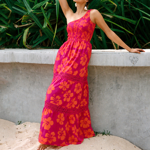 Vestido maxi plisado con estampado hawaiano personalizado de fábrica, vestido casual de un solo hombro de rayón de alta calidad - Product Image 1