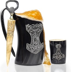 Fait à la main grande corne résine baril bière verre Double poignée en acier inoxydable de haute qualité poli buffle verres de qualité supérieure - Product Image 6