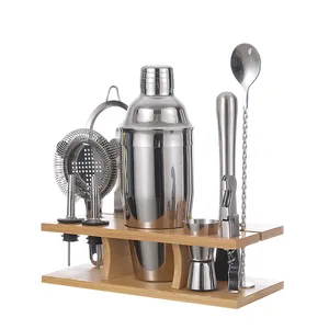 Di alta qualità in acciaio inox su misura Cocktail Shaker Set Bar strumenti con quadrato di bambù Stand