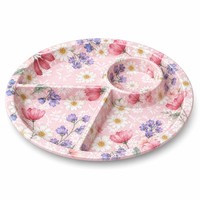 Assiette ronde en mélamine à 4 compartiments, plateau de service sectionnel imprimé de fleurs sauvages roses, assiette à dîner incassable sans BPA