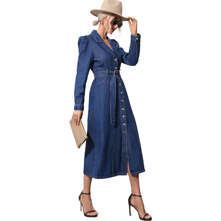 Benutzer definierte Frauen Kleidung lange elegante Jeans Kleid Puff Ärmel Knopf vorne Gürtel Communaisn Long Denim Kleid für Frauen