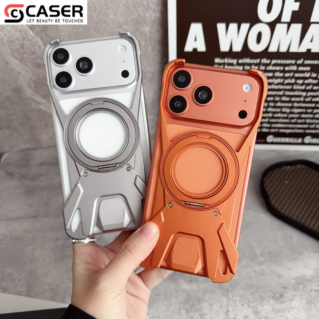 Aluminum Alloy Frameless Metal Phone Case for Iphone/samsung 360 Rotatable Magnetic Ring Stand Heat Dissipation Protective Cover