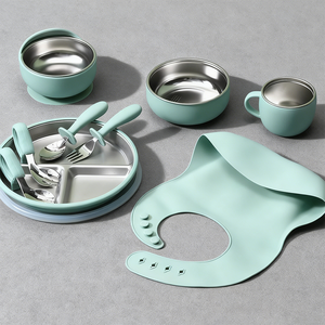 Conjunto de Alimentação para Bebês em Silicone e Aço Inoxidável, Livre de BPA, com Babador, Colher, Garfo, Tigela e Prato, Isolado com Parede Dupla - Product Image 1