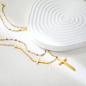 สร้อยคอไขว้สองชั้น ชุบทอง 18k สแตนเลสสตีล จี้รูปกากบาทคู่ ดีไซน์เรขาคณิต เครื่องประดับแฟชั่น - Product Image 3