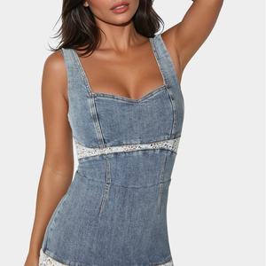 Robe midi vintage en jean sans manches à volants, col carré en dentelle, dos nu et fermeture éclair au dos, grande taille personnalisée pour l'été - Product Image 3