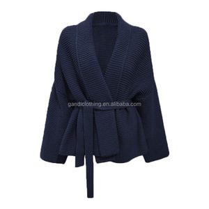 Cardigans de Inverno Elegantes com Cinto, Jaqueta de Gola Reversa Francesa, Cardigans Tricotados de Comprimento Médio para Mulheres - Product Image 6