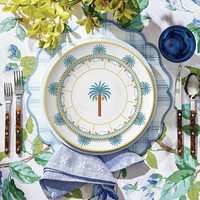 Vaisselle en porcelaine Palm Gold Accent, vaisselle en céramique haut de gamme pour la vente au détail, mariages de luxe sur la plage, événements méditerranéens
