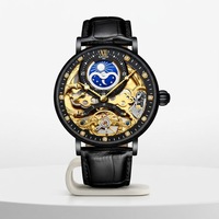Montre mécanique automatique squelette pour homme avec affichage des phases lunaires, cadran ajouré, bracelet en cuir véritable, montre de luxe pour homme d'affaires