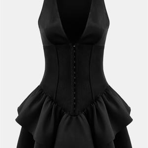 เดรสสั้นคอวีทรงเข้ารูปดีไซน์ใหม่ปี 2025 สำหรับฤดูร้อน แต่งระบายช่วงกระโปรง  ชุดลำลองสำหรับผู้หญิง - Product Image 4