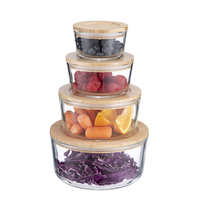 Ensemble de bols mélangeurs en verre borosilicate de haute qualité avec couvercle en bambou poli hermétique, respectueux de l'environnement et adapté aux familles, 4 pièces