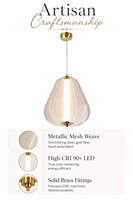 Lustre LED plissé 4 abat-jour en forme de nuage, finition dorée, maille translucide, éclat chaud, lampe noble et majestueuse sur mesure