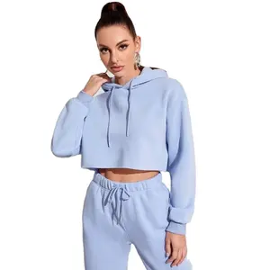 Womens Cropped Hoodies High Quality Comfortable Fashion New Custom Soild Womens Fitness Crop Top Hoodie With Drawstring Woman Hoodies
