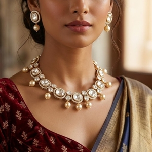 925 <b>Silver</b> Necklace and Earrings Set for Women White Pearls Kundan Work Traditional Indian Bridal Jewelry Set - Product Image 3