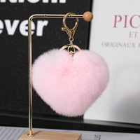 Porte-clés de voiture en forme de cœur en vraie fourrure de lapin Rex, pompon en fourrure, pendentif en peluche cœur pêche, pendentif de sac en forme de cœur pour ceinture