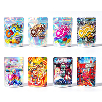 Sacs d'emballage Mylar en stock, sachets refermables holographiques à fond plat, vente chaude en gros pour bonbons, snacks, biscuits, chocolats