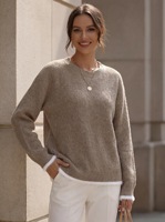 Pull en maille côtelée kaki pour femme, col rond, bordure contrastante en fourrure, manches longues, coupe ample