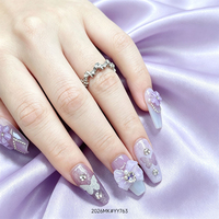 Faux Ongles Cercueil Luxe Violet Dégradé avec Fleurs 3D, Papillons et Chaînes Diamantées en PMMA, Réutilisables et Faits Main pour Doigts