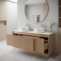 Mueble de Baño Suspendido de 1500mm, Gabinete de Contrachapado con Acabado de Madera Acanalado, Tres Cajones, Solo Gabinete, Muebles Personalizados para Proyectos OEM