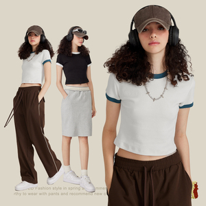 Wholesale Custom Cotton Sexy Casual Acid Wash Retro Embroidery Print Short Navel Cropped Crop Tops for Women Crop Top T-<b>shirt</b> - Product Image 2