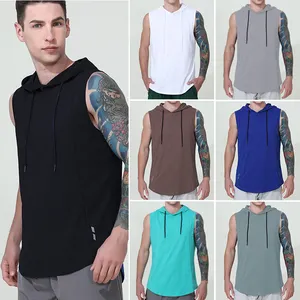 2024 Men Sleeveless Elastic Sports Hooded Gym Tank Tops Casual Muscle T-Shirt Cool Summer Bodybuilding Workout Gym Men Tank Top