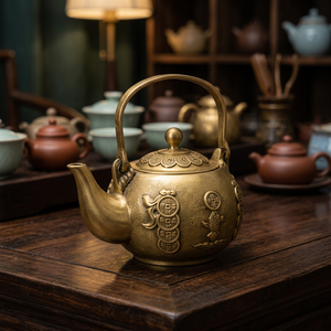 Théière chinoise traditionnelle dorée avec poignée et couvercle, bouilloire en métal au design décoratif - Product Image 4