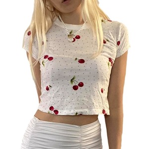 Sweet Style Women's Round Neck T-Shirt Slim Fit Cute <strong>Cherry</strong> Polka Dot Printed Casual Knitted <strong>Top</strong> - Product Image 3